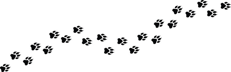 Fototapeta premium Paw print of dog or cat. Paws foot print trail. Paw vector foot trail print of cat. Dog path pattern animal tracks. Paw print silhouette vector art illustration