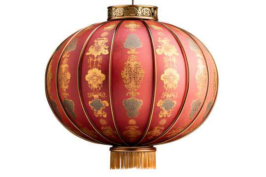 Traditional Chinese paper lantern with red and gold pattern festive decor isolated on white background