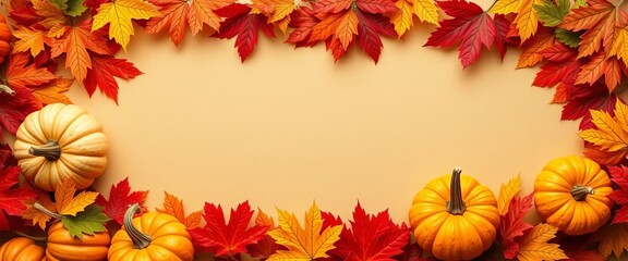 Beige background bordered by autumn pumpkins and vibrant fall leaves,   countryside,  illustration