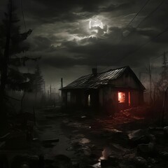 A dark, eerie scene depicts an abandoned house amidst a foggy landscape, illuminated by a ghostly glow from within. Thunderous clouds loom overhead, enhancing the ominous atmosphere. 3D, 4K.