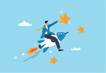 Success achievement, boost growth development to reach target, leadership to win business challenge, startup, entrepreneur or ambition to win, businessman riding fast rocket to reach success star