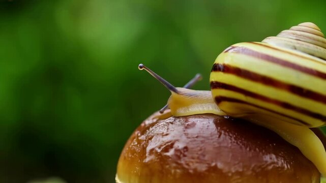 Close-up of a snail with a beautifully patterned shell on a mushroom in a lush green environment