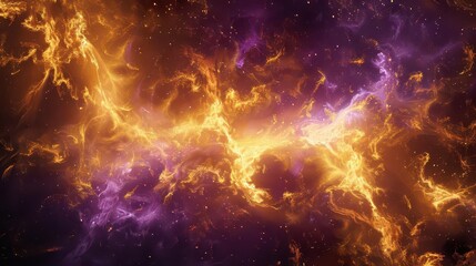 Fototapeta premium A vibrant cosmic nebula with swirling colors of purple, orange, and gold.