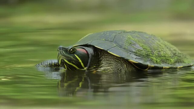 A close-up view of a turtle swimming gracefully in a serene green pond, showcasing smooth water and aquatic vegetation