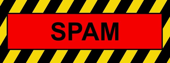 Ilustração de alerta de Spam com listras pretas e amarelas e a palavra Spam ao centro. Letreiro com alerta de spam
