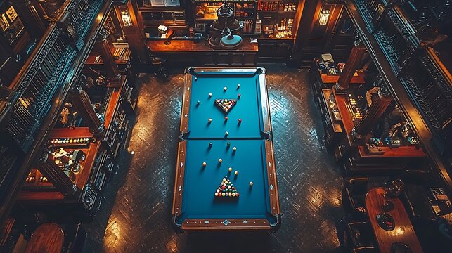 Luxurious Vintage Billiards Room, Overhead View