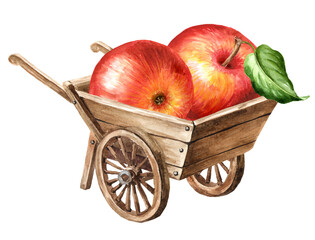 Wooden garden wheelbarrow cart with red apples. Hand drawn watercolor illustration, isolated on white background