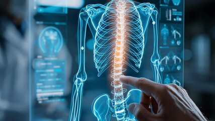 A doctor is pointing at a spine on a computer screen. The spine is showing a red spot - Powered by Adobe