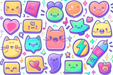 Colorful and vibrant kawaii stickers featuring adorable characters, hearts, stars, and speech bubbles, creating a playful and cheerful design