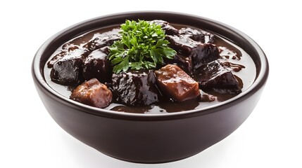 Photograph of dark stewed beef in a black bowl, garnished with herbs.