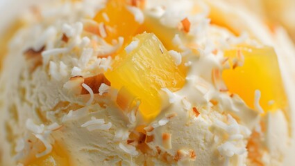 Close up of creamy vanilla ice cream with chunks of pineapple and toasted coconut flakes