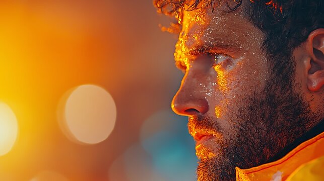 Sweaty Man's Face, Intense Exertion, Warm Orange Light