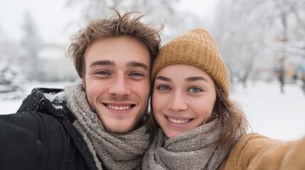 Joyful young couple bundled in winter clothes taking a selfie on a romantic snowy walk, perfect for love, travel, and seasonal lifestyle visuals with soft natural light.