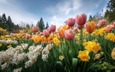 Lush spring garden bursting with vibrant tulips, daffodils, and hyacinths under bright skies, ideal for eco-living promotions, organic lifestyle content, and botanical commercial photography