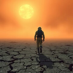 In a barren landscape, an astronaut walks towards a massive, glowing sun against a hazy orange sky. The cracked ground symbolizes desolation, enhancing the eerie atmosphere. 3D, 4K.