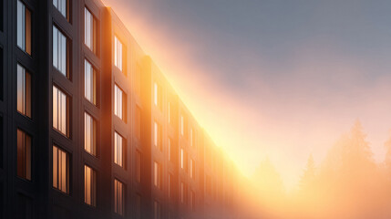 Modern building with geometric windows bathed in warm light. Evokes feelings of urban serenity and possibility. Ideal for architecture, real estate, or aspirational themes.