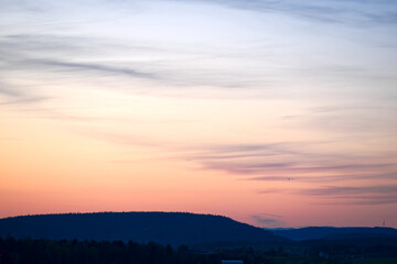 Scenic view of landscape with runway and taxiway of Swiss Airport Zürich Kloten at sunset. Photo taken April 8th, 2025, Zurich Kloten, Switzerland.