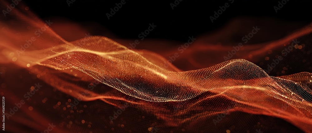 Poster glowing digital terrain of particles and lines forming data-driven wave structure with ambient backl