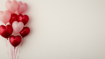 Glossy heartshaped pink and red balloons floating above white background with space for text