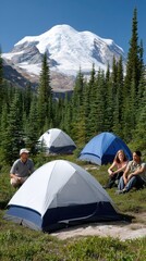 Colorful tents in a grassy meadow surrounded by mountains and trees under a clear blue sky invite adventure and relaxation in nature