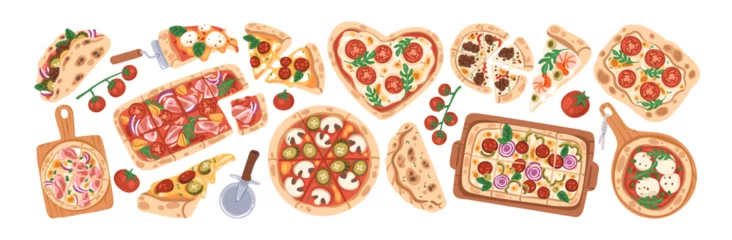 Fototapeten Pizza set. Italian food on wood boards, top view. Whole circles, chopped slices, fire-baked pieces with different ingredients, crust, shapes. Flat vector illustrations isolated on white background © Good Studio