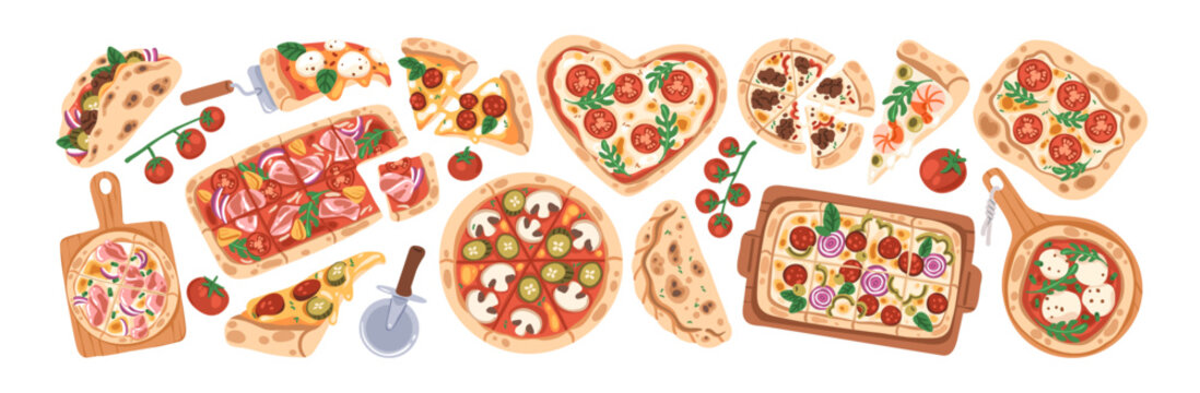 Pizza set. Italian food on wood boards, top view. Whole circles, chopped slices, fire-baked pieces with different ingredients, crust, shapes. Flat vector illustrations isolated on white background
