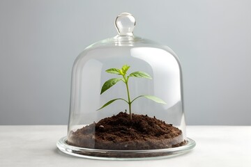 Glass Cloche with Small Plant and Soil on Light Grey Background &ndash; Photo-Realistic Angled View