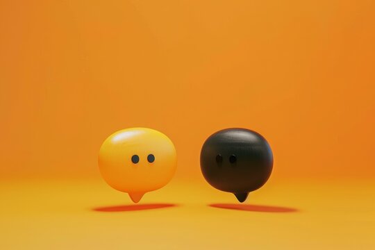 Two speech bubbles, one yellow and one black, are pausing on an orange background, suggesting a break in conversation