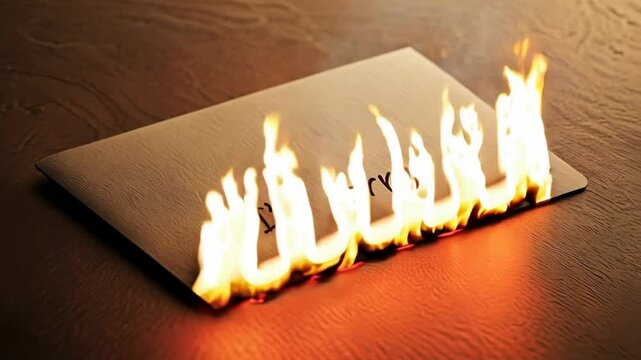 Paper document burning with flames on wooden surface with words "I'm sorry"  