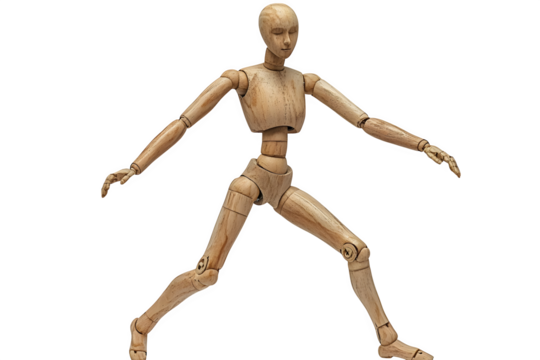 Wooden artist mannequin in dynamic pose isolated on white background