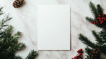 Topdown flat lay of blank creamcolored holiday greeting card surrounded by pine branches, red berries, snowdusted cones, and marble background, festive winter stationery setup