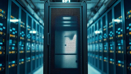 A modern server cabinet in a digital environment showcasing the technology behind data storage and management.