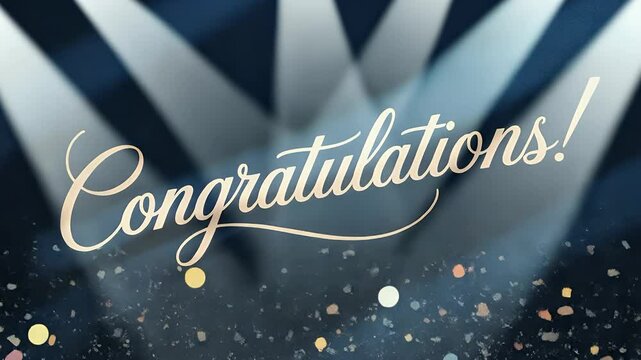 Celebratory Message: A festive congratulations message, elegantly scripted and illuminated by stage spotlights, against a background of shimmering confetti.