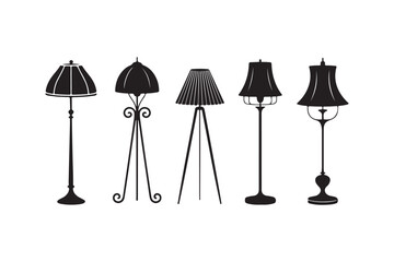 Silhouette bundle art illustration of five different vintage-style floor lamps