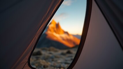 Fototapeta premium A serene view of a majestic mountain at sunset framed by the opening of a camping tent.