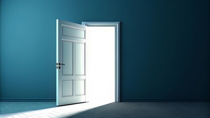 White Door Ajar in Blue Room with Light Symbolizing Potential and Opportunity