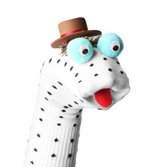 Funny sock puppet with hat isolated on white