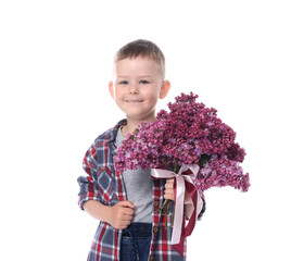 Little boy with bouquet of lilac flowers on white background
