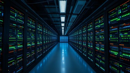 Fototapeta premium A futuristic data center filled with illuminated server racks showcasing advanced technology and efficient design.