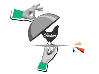 Black and white hands remove the lid from a plate with chicken silhouette - restaurant serving of dish with cloche. Modern collage style. Illustration on transparent background