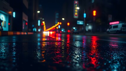 Obraz premium A vibrant urban night scene with colorful reflections on wet pavement and glowing traffic lights.