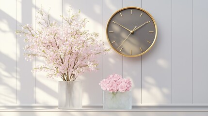 **A light wall panel with a matte gold-rimmed clock and soft pink flowers in a square frosted vase below it