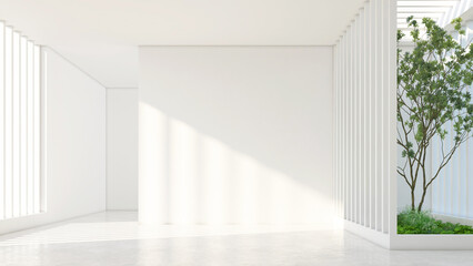 Minimalist style empty room with green indoor plants on the left sides and white wall. 3D rendering