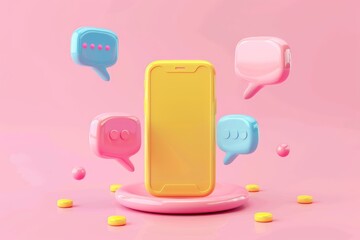 Yellow smartphone exchanging messages with colorful speech bubbles floating around it on a pink background, concept of online communication