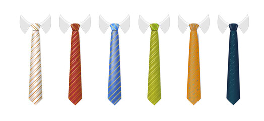 3d Realistic Neck tie with white collar. Tie neck vector with different stripe pattern. Vector