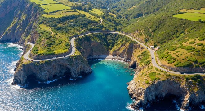 Winding Coastal Road Aerial View