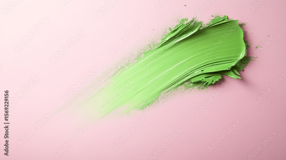Poster Wide green paint stroke on pastel pink background showing texture and bristle marks, artistic macro shot with dynamic movement and vibrant color contrast