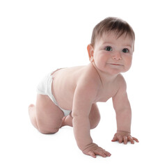Cute little baby crawling on white background