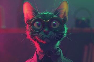 Close up of a cat wearing round glasses and a shirt, illuminated by vibrant neon lights, creating a cool and stylish atmosphere