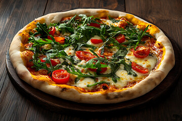 Delicious neapolitan pizza topped with fresh arugula cherry tomatoes and mozzarella